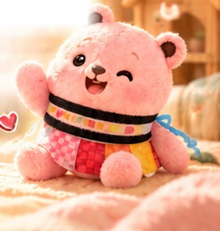 분홍 곰 친구가 손을 흔들며 기다리고 있어요.