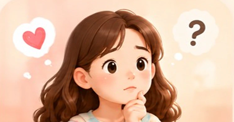 하트와 물음표를 떠올리며 생각에 잠긴 아이